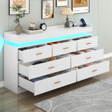 Hlivelood 7 Drawer Dresser with LED Light and Charging Station, Modern Chest of Drawers for Closet, Wide Drawer Organizer Cabinet for Bedroom, Living Room, Entryway, Hallway, White Hlivelood