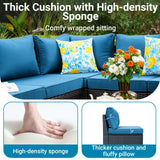 Jing's Villa 5-Piece Patio Furniture Set, All-Weather Outdoor Wicker Sectional Sofa with Cushions, Tempered Glass Table & Ottoman, Rattan Conversation Seating for Porch, Garden, Backyard,Peacock Blue Jing's Villa