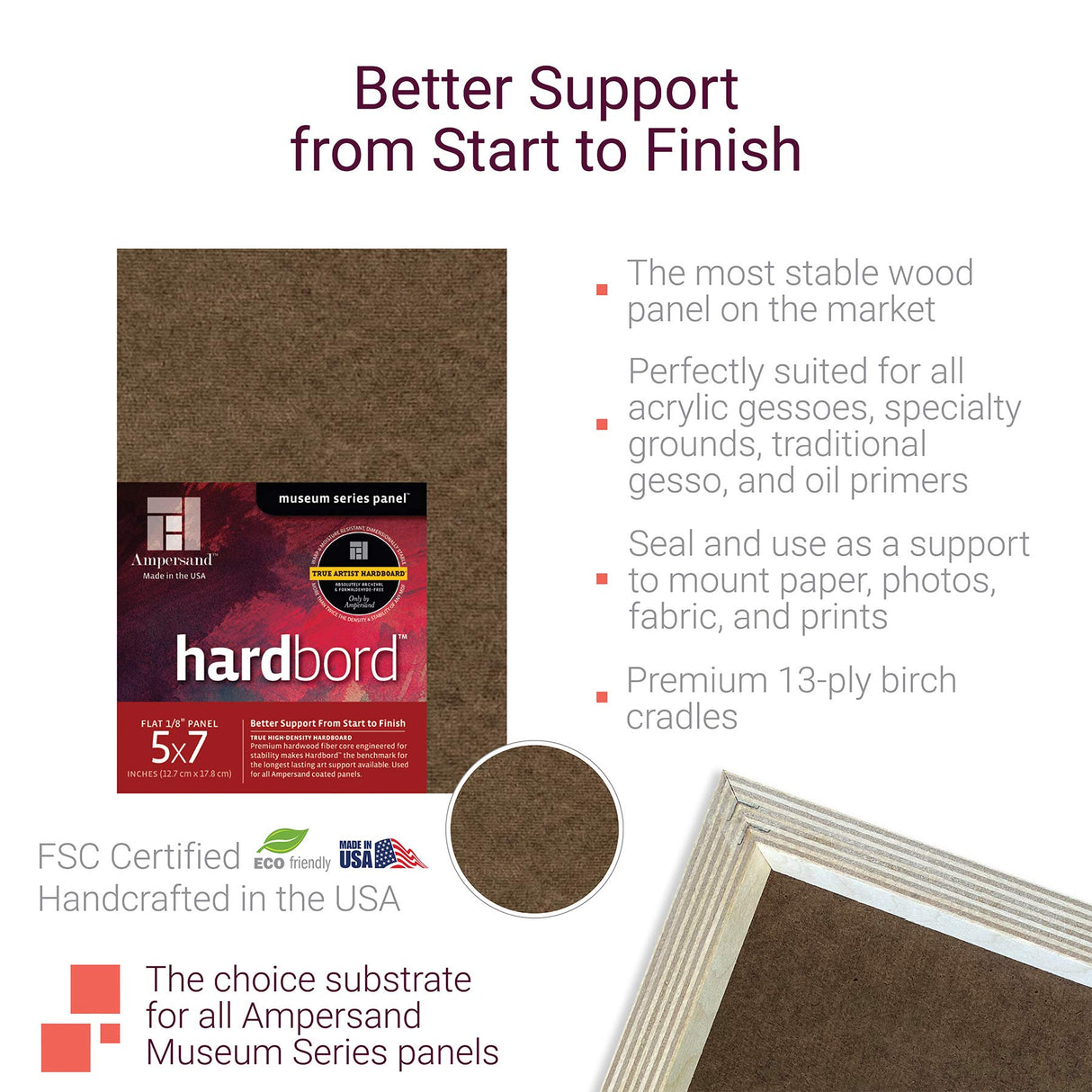 Ampersand Art Supply Hardboard Wood Painting Panel: Museum Series Hardbord, 12" x 16", 1/8 Inch Flat Profile Ampersand Art Supply