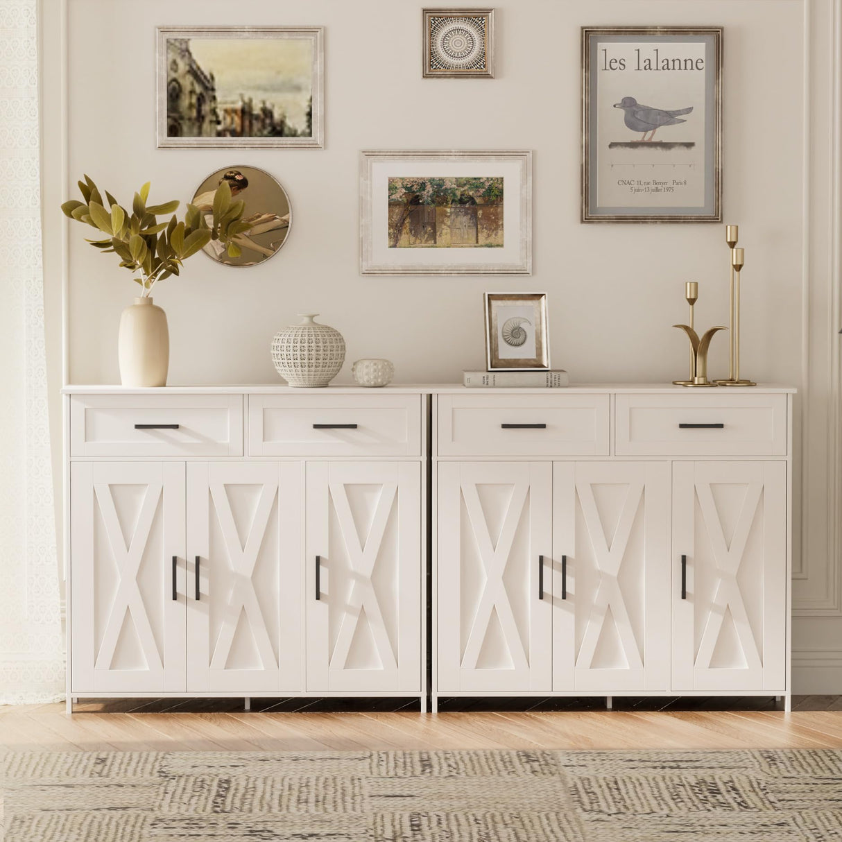 Homhedy Sideboard Buffet Cabinet, Coffee Bar Storage Cabinet with Drawers and Doors, Farmhouse Kitchen Cabinet with Adjustable Shelves, for Kitchen, Dining Room, Living Room, White Homhedy