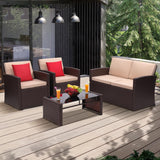 KROFEM 4 Pieces Patio Conversation Set, Outside Rattan Sectional Sofa, Cushioned Furniture Set, Wicker Sofa Ideal for Garden, Porch, Backyard, Brown Color Rattan and Beige Cushion KROFEM