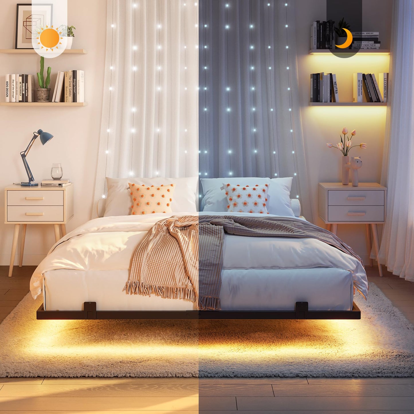 Koorlian Queen Size Floating Bed Frame with RGB LED Lights and Anti-Slip Mattress Stoppers - WoodArtSupply