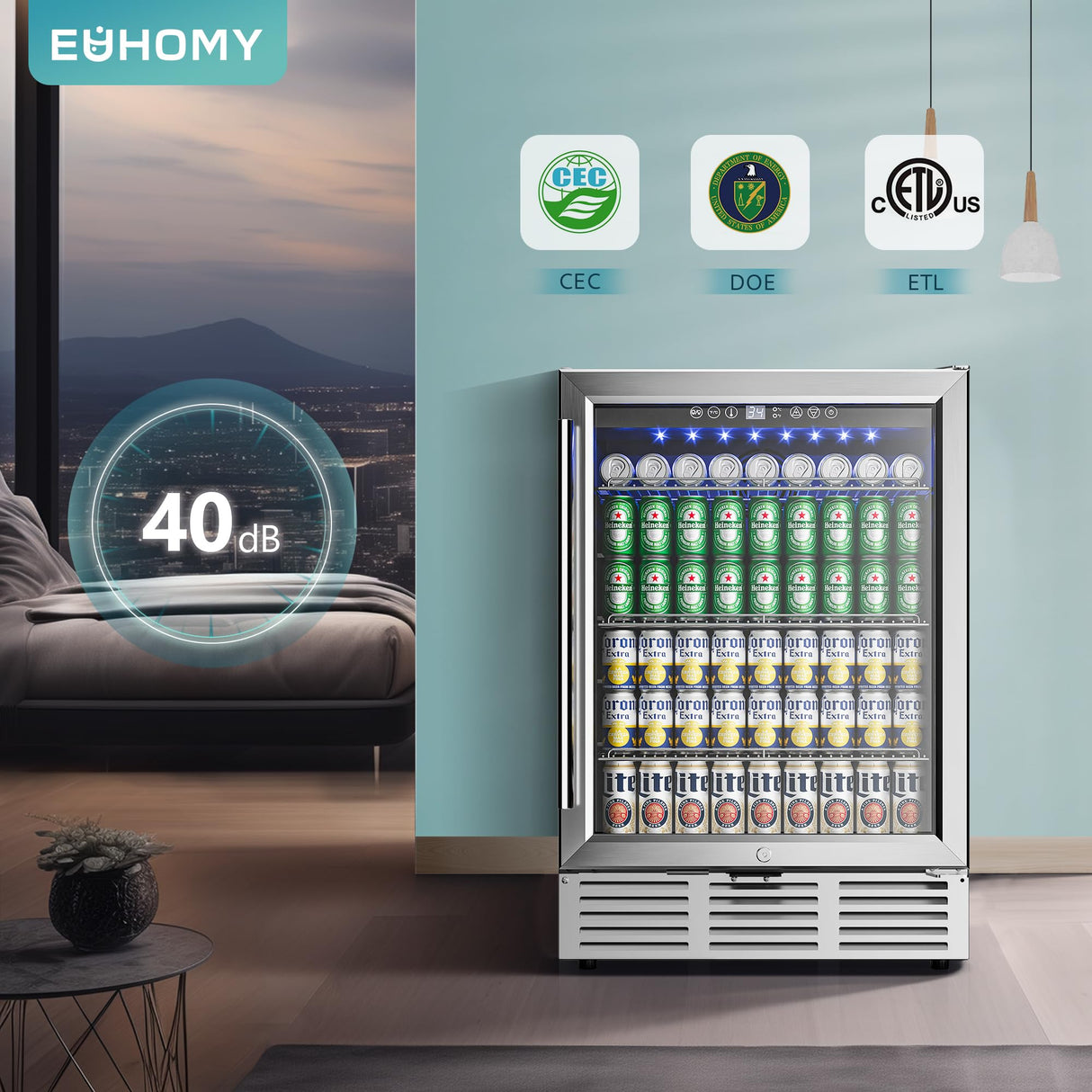 EUHOMY 24 Inch Beverage Refrigerator, 180 Can Built-in Beverage Cooler, Under Counter Beer Fridge with Glass Door for Soda, Water, Wine - For Kitchen, Bar or Office EUHOMY