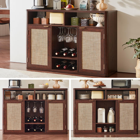Lerliuo Rattan Wine Cabinet with 2 Doors, Boho Liquor Cabinet with Wine Racks, Farmhouse Coffee Bar Station for Living Room, Dining Room, Kitchen, Walnut Lerliuo