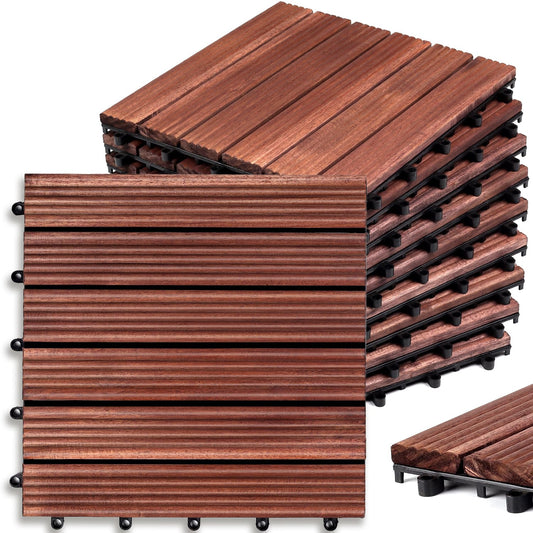 TimberWave Pack of 10 Deck Tiles, Solid Acacia Wood Floor Tiles, Patio Tiles Outdoor Interlocking Waterproof All Weather, with Grooves Decrease Skidding (10, Dark Brown, 12'' x 12" - 6 Slat) - WoodArtSupply