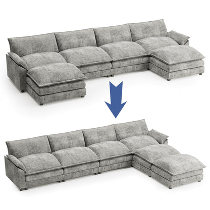 Shahoo Sectional Modular Sofa U Shaped Chenille Fabric Couch with High Supportive & Soft Sponges and Removable Ottoman, Sleeper Comfy Upholstered Furniture for Living Room, Grey