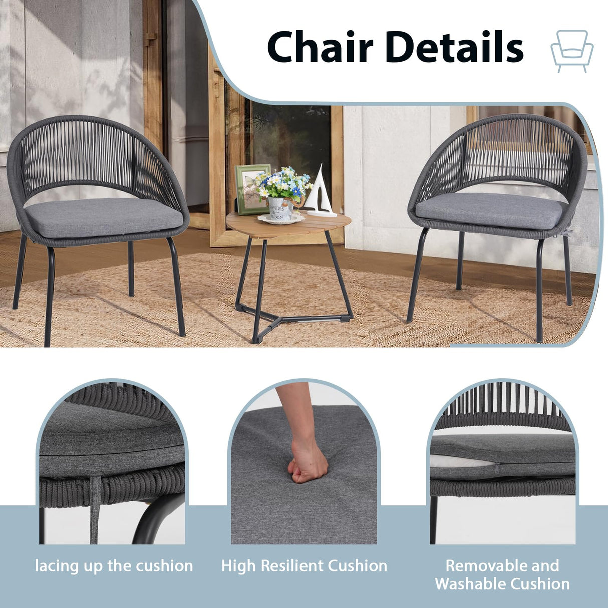 Yangming Patio Furniture Set, 3 Piece Outdoor Bistro Chair Conversation Sets Woven Rope with Wood Coffee Table for Yard Backyard Lawn Garden Porch Backyard Deck Poolside Balcony Yangming