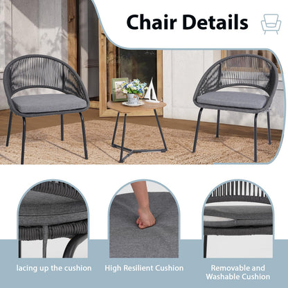 Yangming Patio Furniture Set, 3 Piece Outdoor Bistro Chair Conversation Sets Woven Rope with Wood Coffee Table for Yard Backyard Lawn Garden Porch Backyard Deck Poolside Balcony - WoodArtSupply