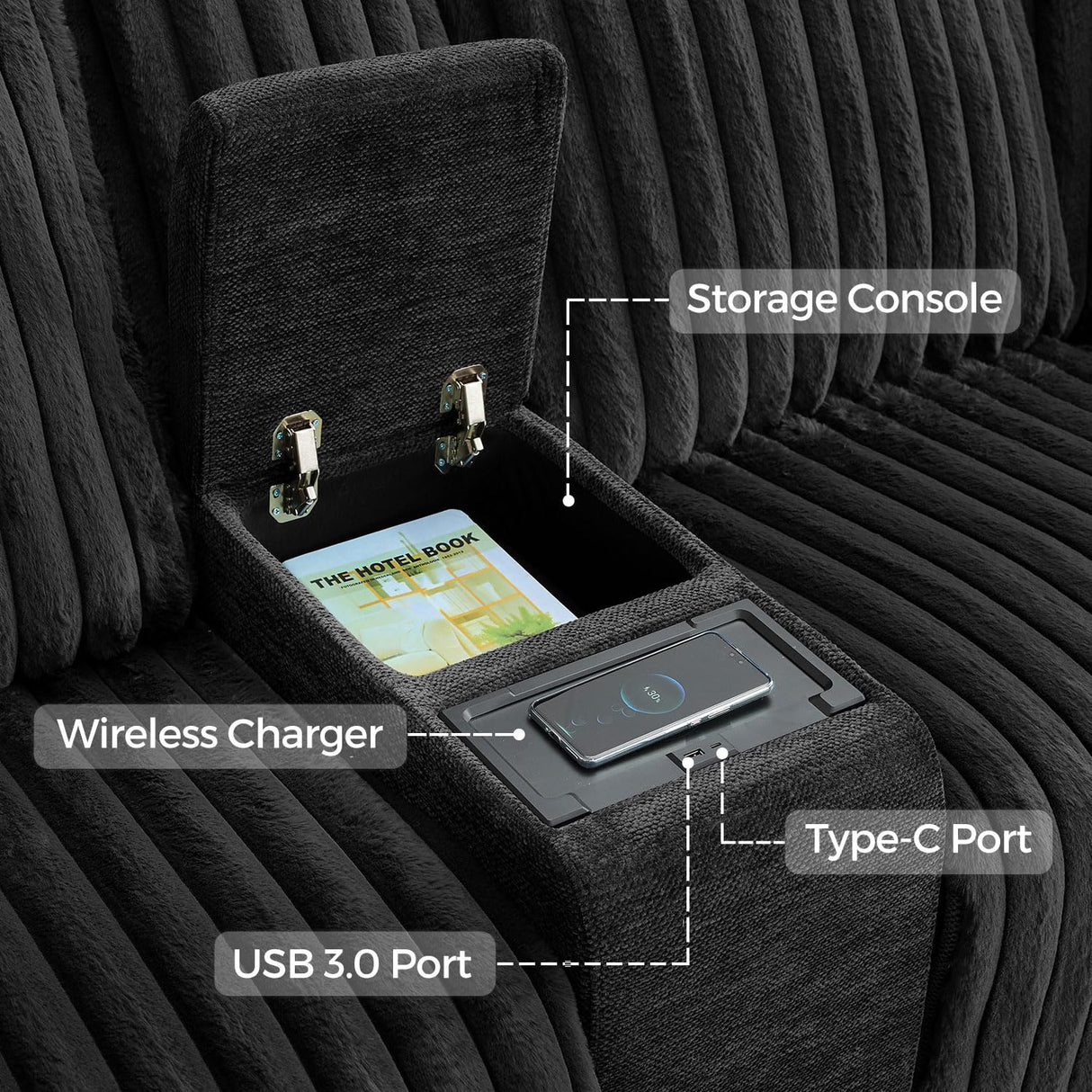 Power Electric Reclining Sectional Sofa with Wireless Charger for Living Room, Plush Faux Fur Sectional Couch with Recliner, 6 Seaters Comfy Recliner Corner Sectionals Sets with Cup Holders, Black Comfort Stretch