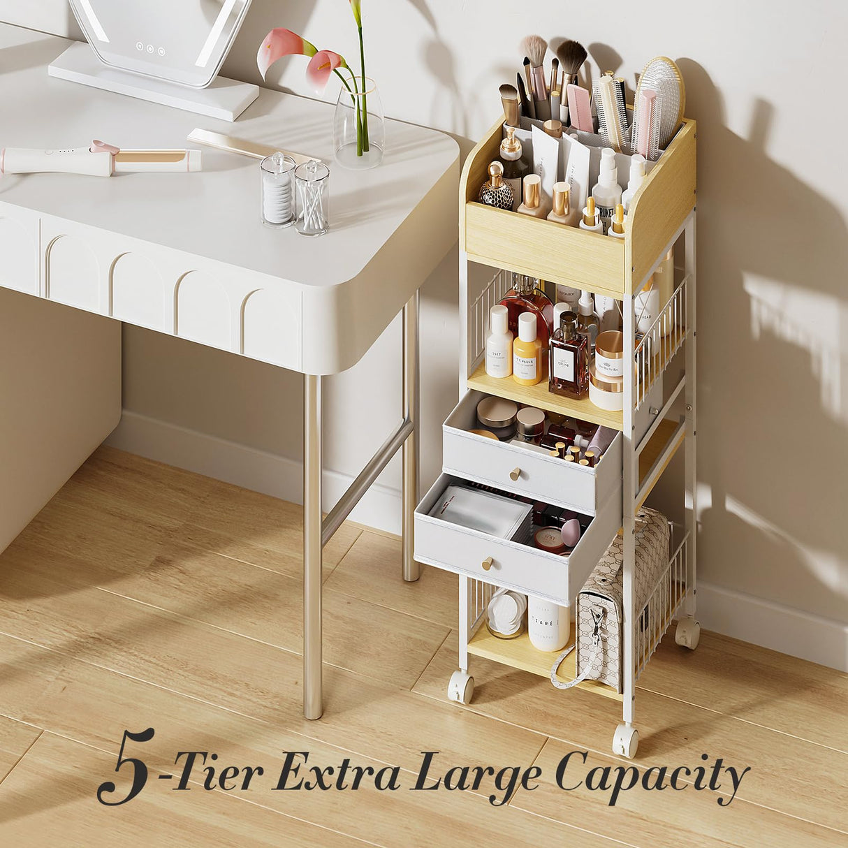 Makeup Organizer Cart with 2 Drawers, Rolling Bathroom Organizers and Storage- Versatile Skincare Perfume Storage Vanity Organizer, Natural Wood and White Iron TidyStash