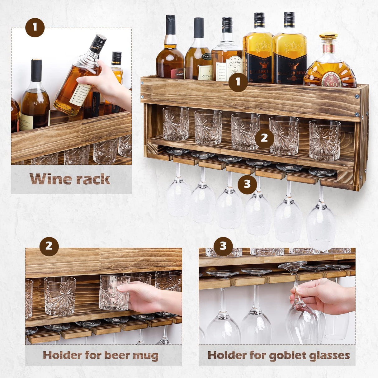 Homde Wine Rack Wall Mounted Wood,Wine Shelf with Bottle Stemware Glass Holder Rustic, Wine Display Storage Rack with Cork Holder for Home Bar Homde