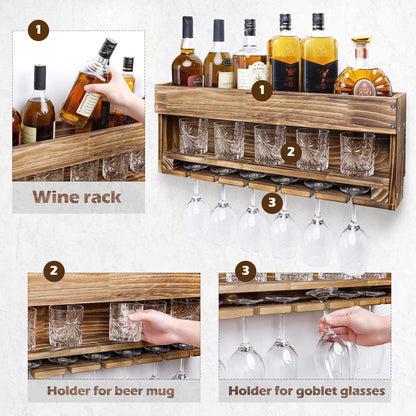 Homde Wine Rack Wall Mounted Wood,Wine Shelf with Bottle Stemware Glass Holder Rustic, Wine Display Storage Rack with Cork Holder for Home Bar - WoodArtSupply