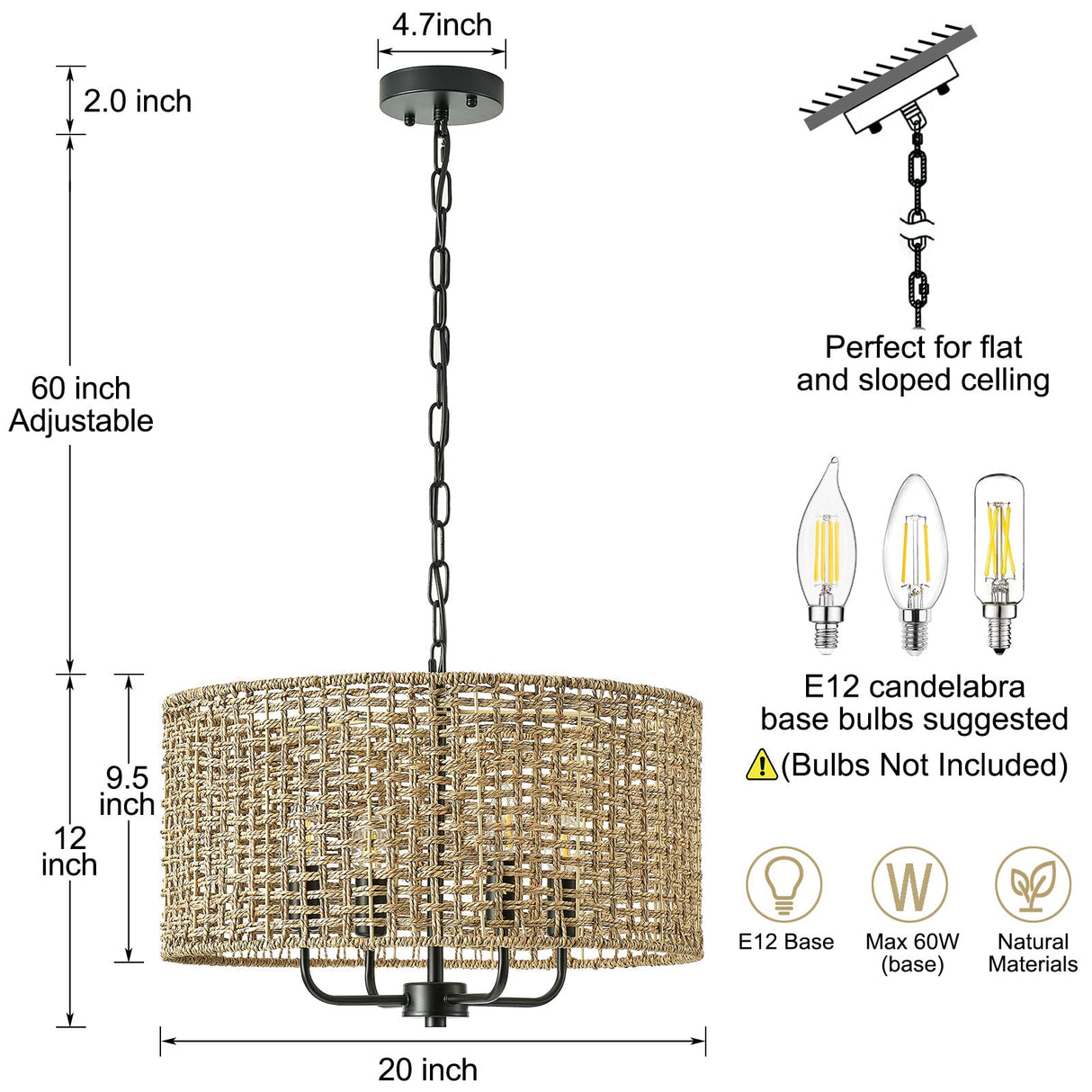 Giutna Rattan Wicker Drum Chandeliers for Dining Room, 4-Light Bohemian Hand-Woven Farmhouse Drum Pendant Chandelier Light Fixture for Entryway Living Room Kitchen Stairway Bedroom Hallway Giutna
