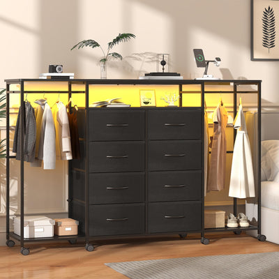 Frmobepts 59.1" W Dresser for Bedroom with Hanging Rack, 8 Drawer Dresser with LED Lights & Charging Station, Fabric Dressers with Portable Wheels,Metal Frame, Wooden Top (Black)