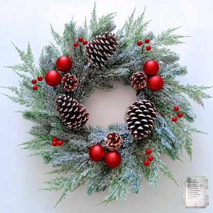 Christmas Wreath with Lights 24 Inch PreLit Christmas Wreaths for Front Door with Large Pinecones and Snowy Flocked, Battery Operated 40 LED Lights, Holiday Decoration for Fireplace Xmas Decor