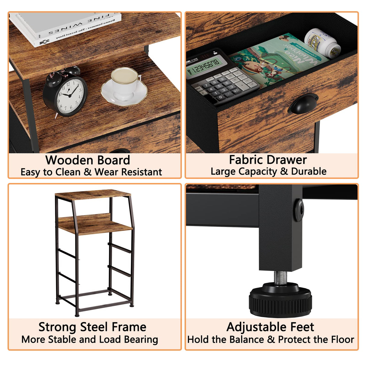 Furnulem Nightstand with 3 Drawers and 2-Tier Shelf, Fabric Small Dresser Organizer Vertical Storage Tower for Bedroom, Closet, Hallway, Nursery, End Table Side Furniture, Sturdy Steel Frame, Wood Top Furnulem