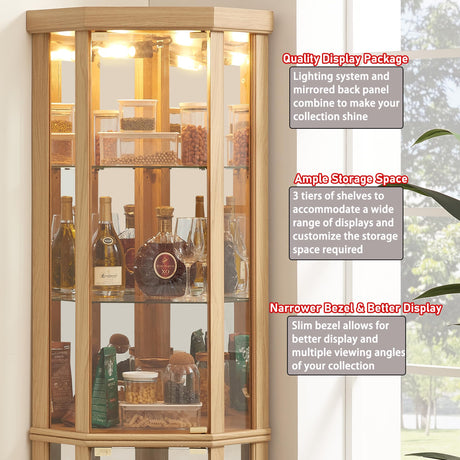 TRJQBCC 69" H Lighted Corner Display Cabinet, Curio Corner Glass Cabinet w/Adjustable Shelves & Glass Door, 5-Tier Wooden Storage Display Case w/Mirrored Back Pane for Living Room(Light Oak) TRJQBCC
