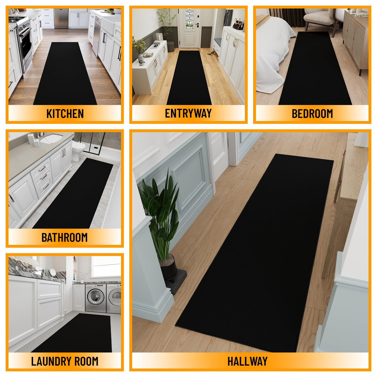 Machine Washable Modern Solid Design Non-Slip Rubberback 3x10 Traditional Runner Rug for Hallway, Kitchen, Bedroom, Living Room, 2'7" x 9'10", Black Ottomanson