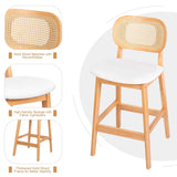 RUOVU Counter Height Bar Stools Set of 3, Rattan Barstools with Back and Natural Wood Frame, White Boucle Fabric Upholstered Bar Chairs, Mid Century Modern Farmhouse Counter Stool for Kitchen Island RUOVU