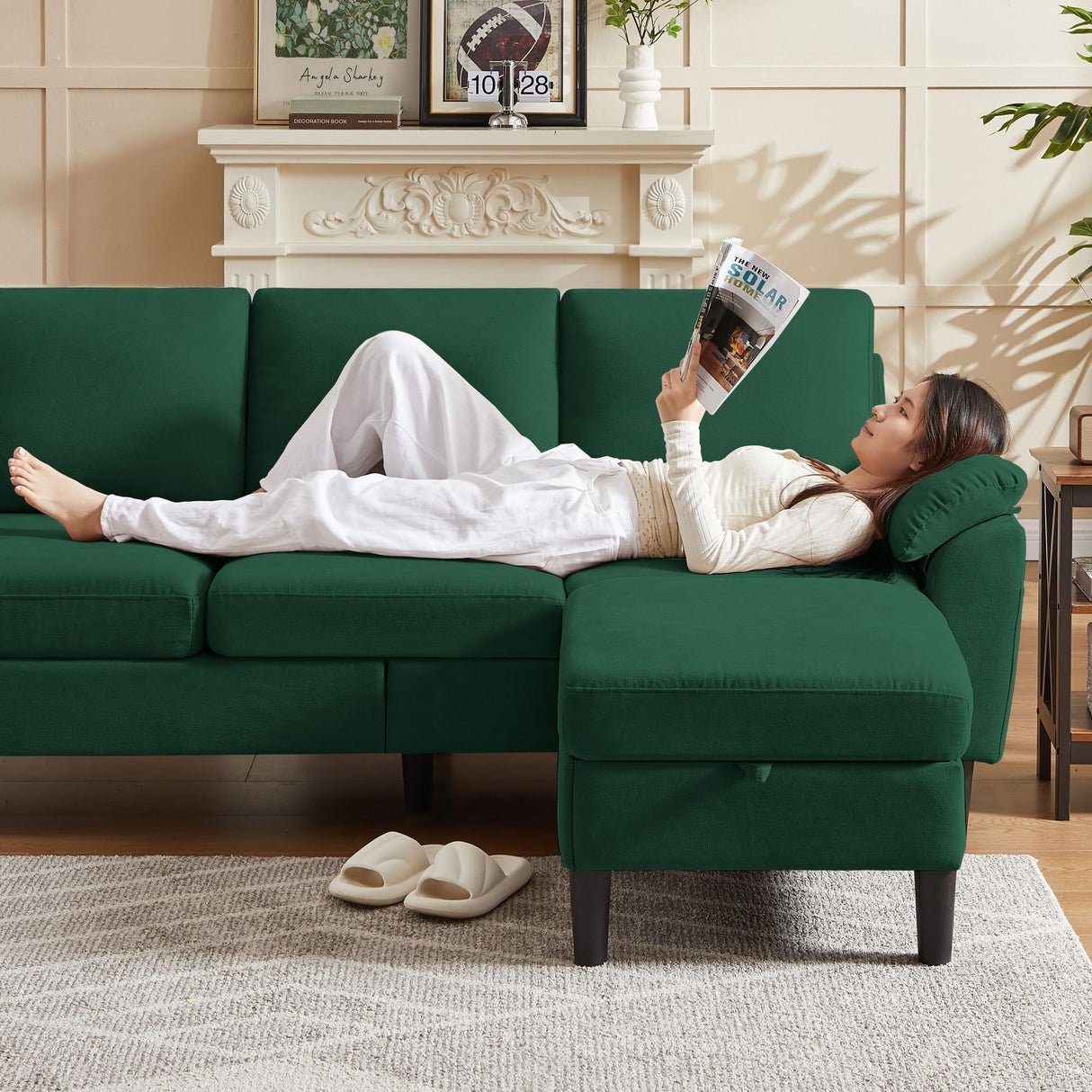 Chireca 80" Convertible Sectional Sofa, Small L Shaped 3 Seat Couch with Reversible Storage Chaise, Modern Polyester Fabric Sofa Couches for Living Room, Apartment and Small Space, Green Chireca