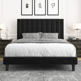 Allewie Queen Platform Bed Frame/Velvet Upholstered Bed Frame with Vertical Channel Tufted Headboard/Strong Wooden Slats/Mattress Foundation/Box Spring Optional/Easy Assembly/Black Allewie