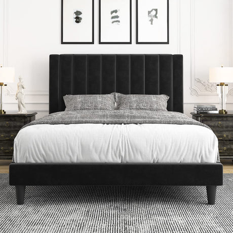 Allewie Queen Platform Bed Frame/Velvet Upholstered Bed Frame with Vertical Channel Tufted Headboard/Strong Wooden Slats/Mattress Foundation/Box Spring Optional/Easy Assembly/Black Allewie