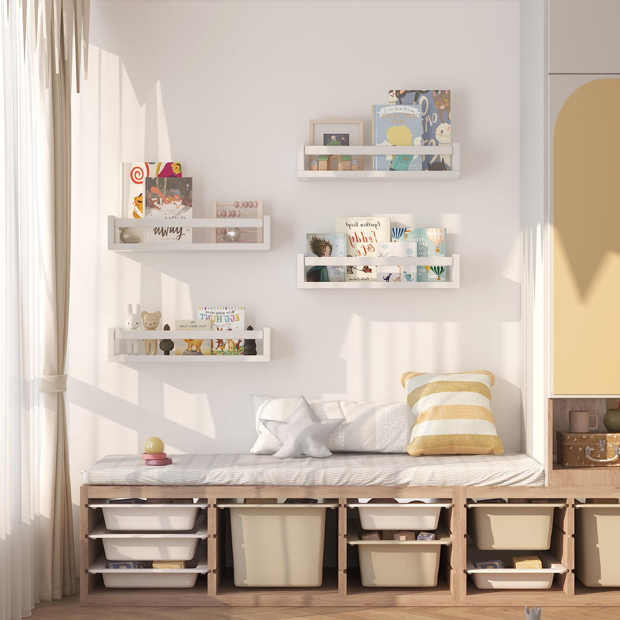 Onlysky Set of 4 Wall-Mounted Kid's Bookshelf - White Floating Nursery Book Shelves - Durable Wood Construction - Ideal for Nursery Decor, Kids Room, Toy Storage Onlysky