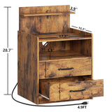 LED Nightstand with Charging Station, Night Stand with 2 Drawers and Open Storage, Bedside Table with LED Lights, Modern End Table with USB Ports Outlets, Rustic Brown Diliplain