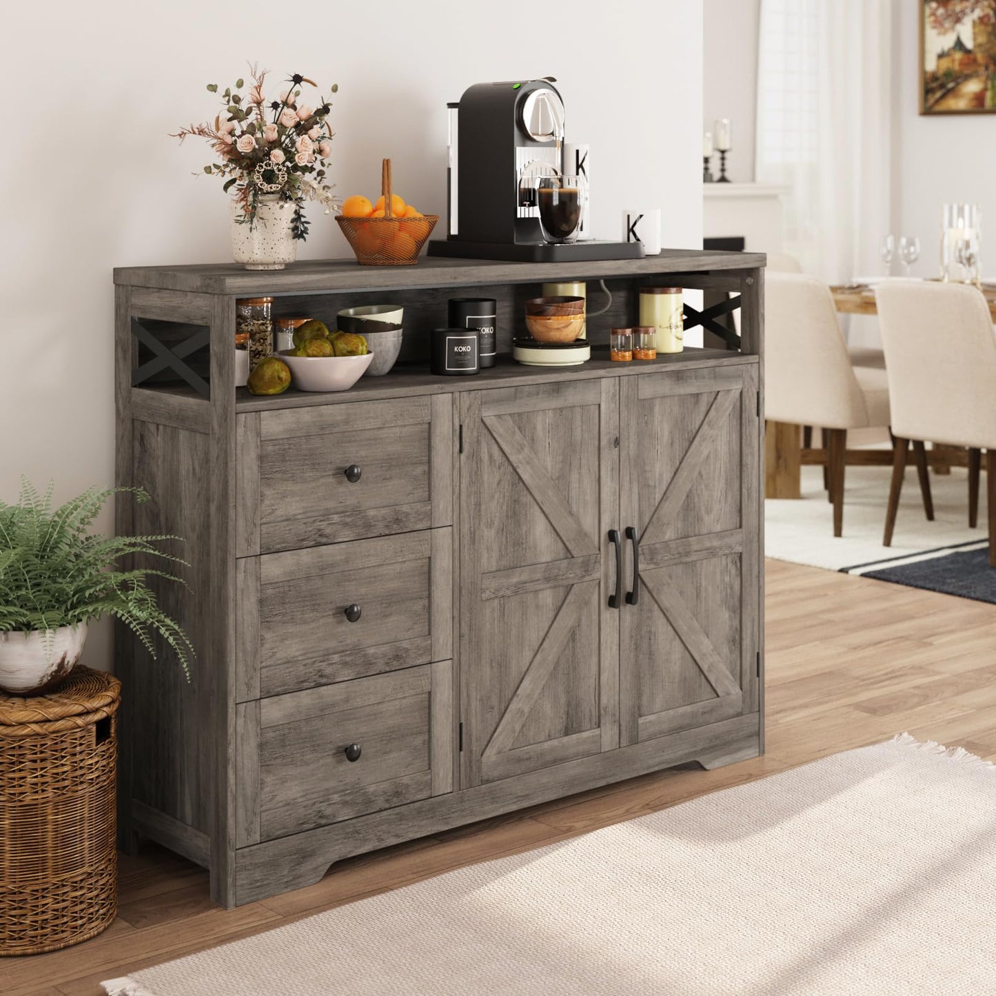 47''W Farmhouse Buffet Sideboard with Charging Station and 3 Drawers, Coffee Bar Cabinet Buffet Cabinet with Shelf, Rustic Accent Cabinet with Storage for Kitchen, Living Dining Room, Rustic Grey