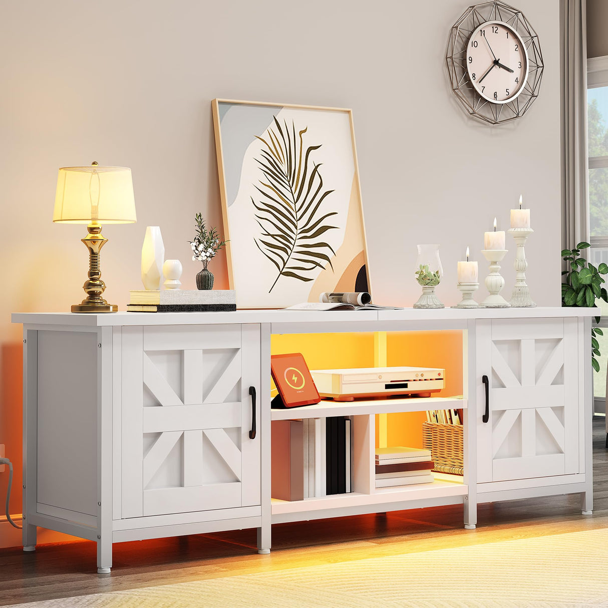 YITAHOME TV Stand with LED Lights & Charging Station, Farmhouse Entertainment Center with Storage Cabinets & Shelves, Cross-Pattern Doors, Fits TVs up to 70'', TV Consoles for Living Room, White YITAHOME