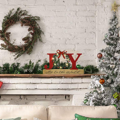 Christmas Decorations for Home LED Lighted Joy Sign with Wreath Farmhouse Wooden Rustic Tabletop Decorative Sign Xmas Holiday Home Decor Indoor Room