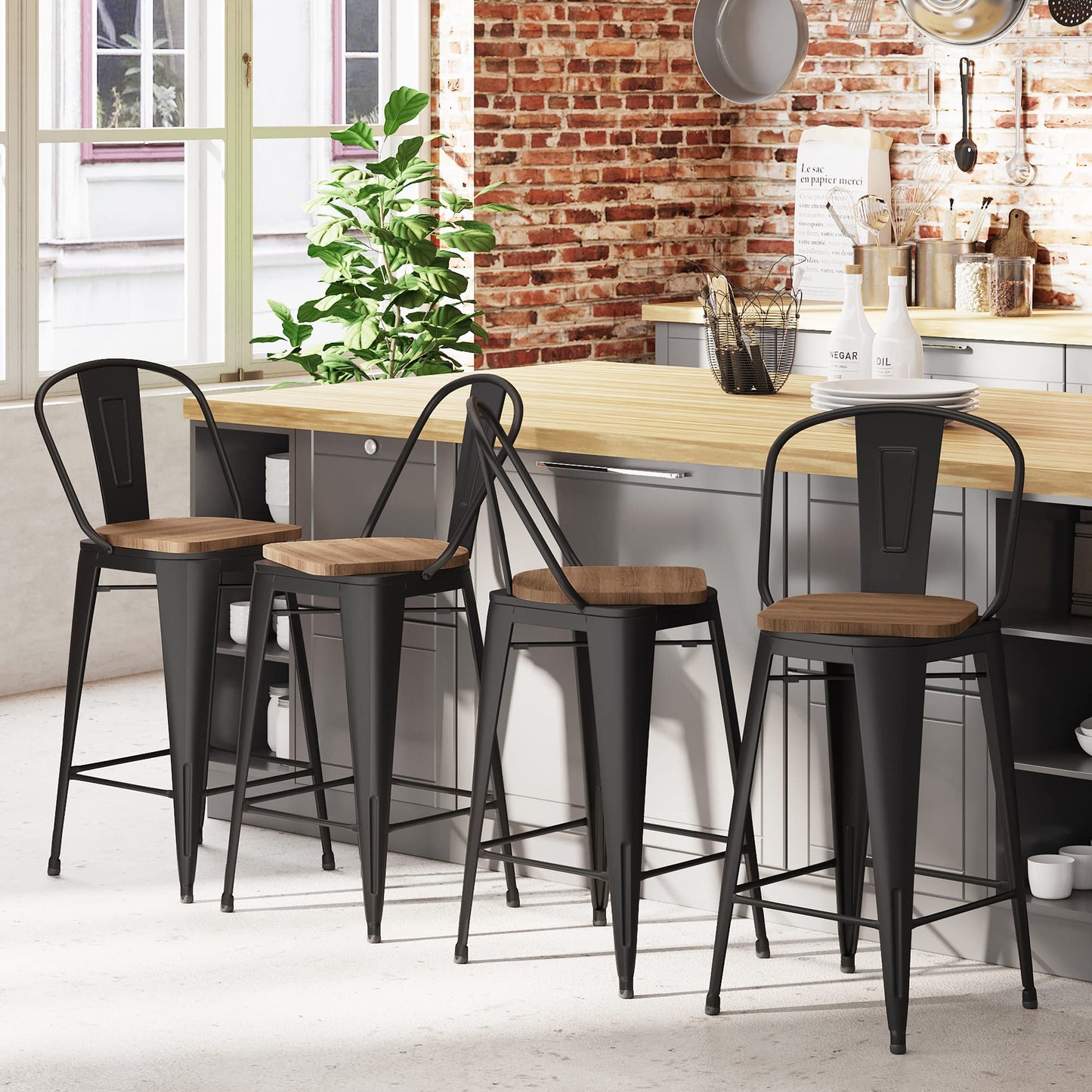 Apeaka 24" Swivel Metal Bar Stools Set of 4 Counter Height Bar Chairs Industrial High Back Barstools with Large Wooden Seat Matte Black - WoodArtSupply