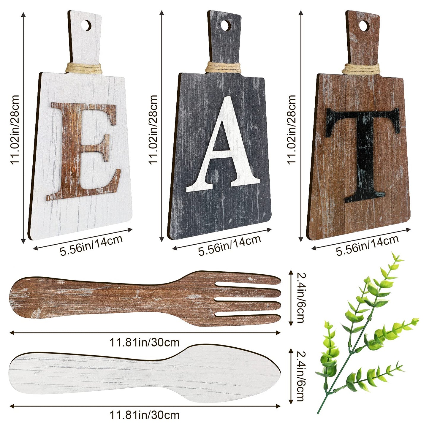 Jetec Cutting Board Eat Sign Set Hanging Art Kitchen Eat Sign Fork and Spoon Wall Decor Rustic Primitive Country Farmhouse Kitchen Decor for Kitchen and Home Decoration (Gray, White, Brown)