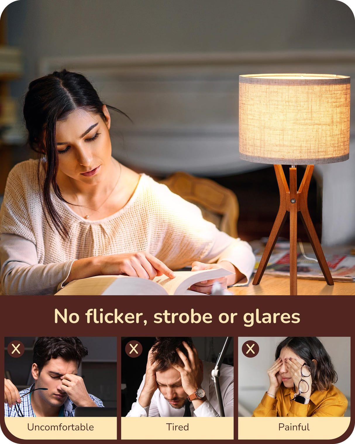 EDISHINE Mid Century Table Lamp, 17.5" Tripod Bedside Lamp with Deep Wood Color Light Base & Beige Linen Lampshade, Nightstand Lamp for Bedroom, Living Room, Reading Room, E26 Base EDISHINE
