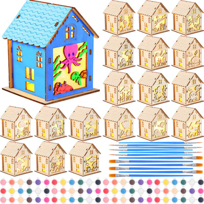 Soaoo 18 Pcs Wood Crafts for Kids Summer Wood Houses Light up Houses Unfinished Wooden Craft Kit Include 3D Sea Animal Wooden Puzzle with 12 Paint and Brushes for Toddler Kids Adults(Marine Animal)