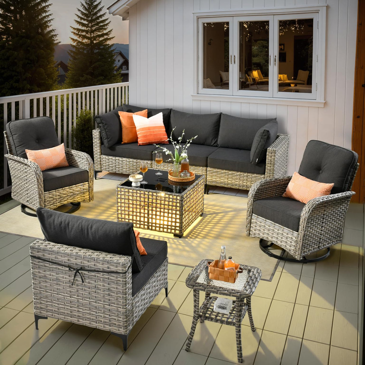 HOOOWOOO Outdoor Patio Furniture Set,8 Pieces Wicker Out Door Sectional Furniture L Shaped Couch,Patio Conversation Sets with Swivel Rocking Chair LED Table,Black HOOOWOOO