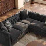 ONBRILL Chesterfield L Shaped Sofa, Velvet Sectional Couches for Living Room, Tufted Corner Couch with Rolled Arms, 3 Throw Pillows, Comfy L Shaped Sectional Sofa for Apartment, Black ONBRILL