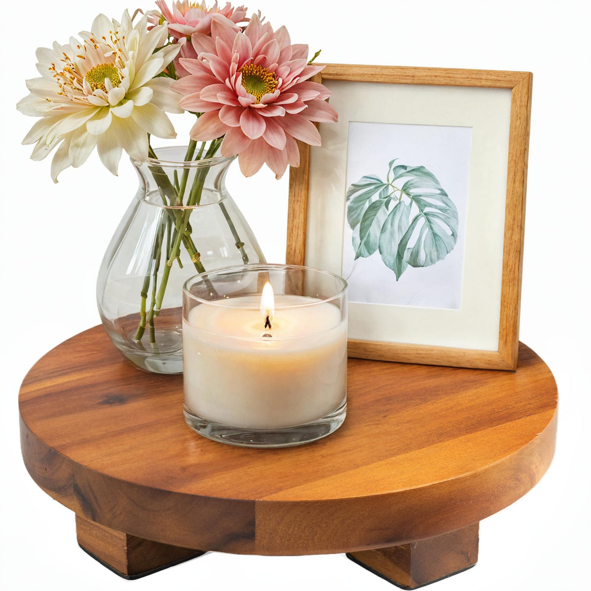 Demigo Round Wood Riser Board 9.5 inches, Natural Acacia Wood, Farmhouse Plant Holder, Multi-Purpose Display Stand, Wooden Pedestal for Soap, Plants, Candles, Countertop, Kitchen, Bathroom Demigo