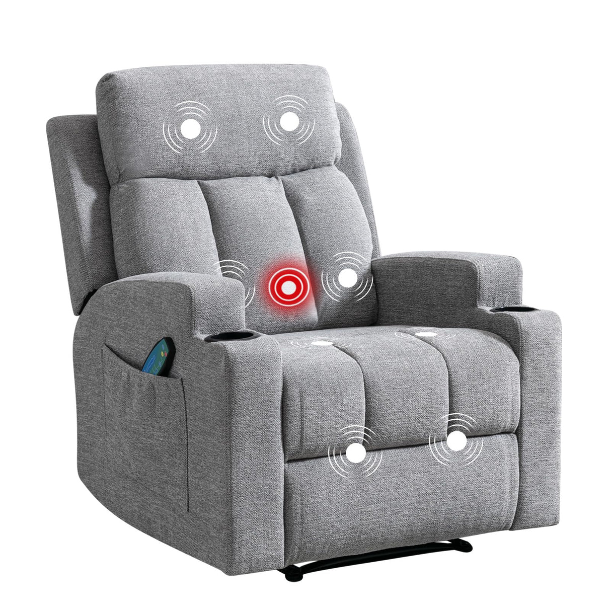 Phoenix Home Manual Recliner Chair with Massage and Heat for Living Room Overstuffed Breathable Fabric Reclining Chair with 2 Side Pockets, 2 Cup Holders, Remote Control, Gray Phoenix Home
