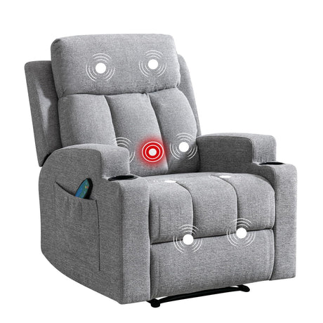 Phoenix Home Manual Recliner Chair with Massage and Heat for Living Room Overstuffed Breathable Fabric Reclining Chair with 2 Side Pockets, 2 Cup Holders, Remote Control, Gray Phoenix Home