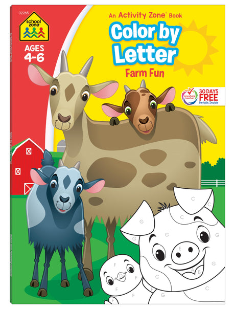 School Zone Color by Letter Farm Fun Workbook: 64 Pages, Preschool, Kindergarten, 1st Grade, ABC's, Alphabet, Color Skills, Coloring, Matching, Farm Animals, Ages 4-6 (Activity Zone Book Series) School Zone