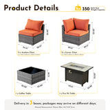 weaxty W 6 Piece Wicker Sectional Patio Furniture with Fire Pit, Outdoor Sectional Couches with 42'' Firepit Coffee Table Modern Outside Conversation Sets for Balcony Backyard Garden, Orange weaxty W
