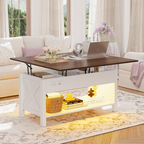 PPorfamilia Lift Top Coffee Table, 4 in 1 Coffee Table with Storage for Living Room, Lift Tabletop Dining Table with Hidden Compartment, Center Table with LED Light & Charge Station for Office, White PPorfamilia
