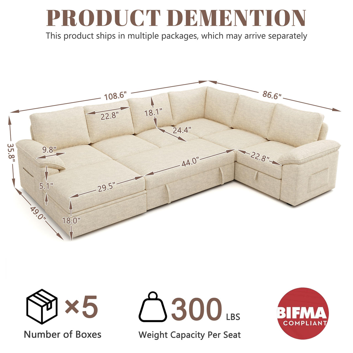 SUAWY 108 Inch Modular Sectional Sofa with Pull Out Bed,U Shaped 7 Seat Sectional Sleeper Sofa with Storage,Sectional Couches for Living Room,Cloud Modular Couch,Removable Sofa Cover,Beige SUAWY