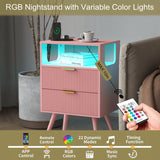JOONEE Pink Nightstand with Charging Station and LED Lights,Modern Bedside Table with 2 Storage Drawer and Open Wood Shelf, for Bedroom and Small Spaces,Night Stand with Solid Wood Legs,Pink JOONEE