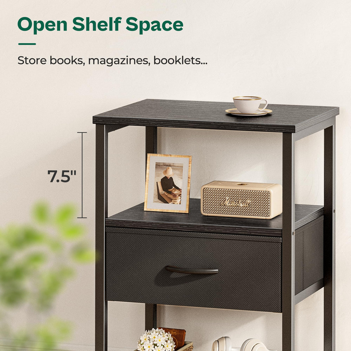 Huuger Nightstand Set of 2, Night Stand with Fabric Drawer, Mesh Shelf, Side Table with Storage, Fabric Drawer Dresser, Open Shelf, Metal Frame, Bedroom, Black Huuger