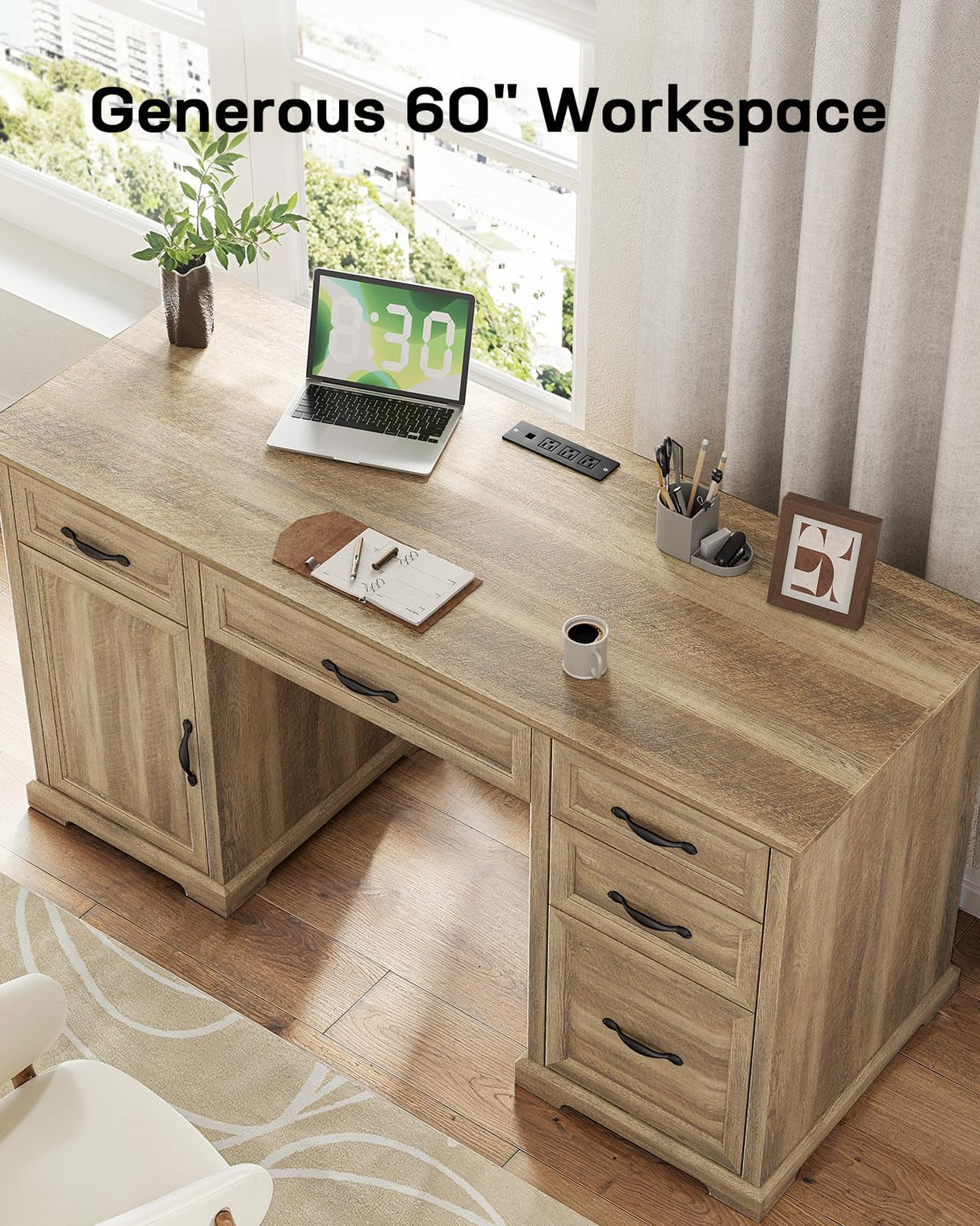 Marsail 60″ Farmhouse Executive Desk, Home Office Desk with Storage Cabinet, Charging Station, Adjustable Shelf, and File Drawer, Rustic Computer Writing Desk for Work & Study, Natural Marsail