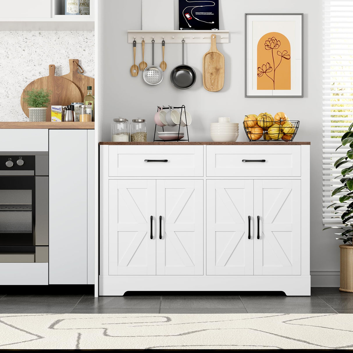 BOTLOG Farmhouse Buffet Cabinet with Storage, 47.2" Storage Cabinet with Drawers, Barn Doors, Sideboard, Bar Cabinet for Kitchen, Dining Room, Hallway, White BOTLOG