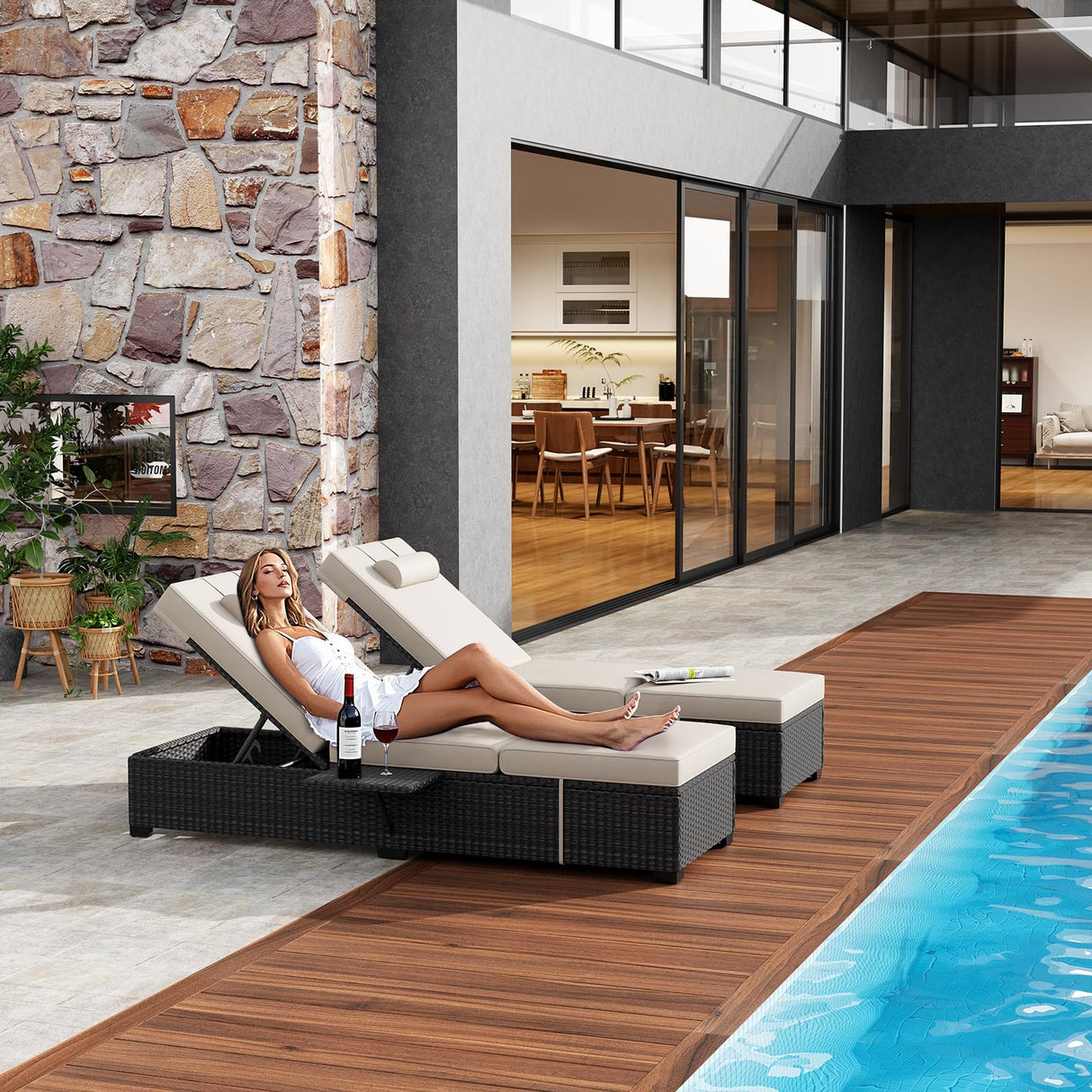 MilleLoom Outdoor Chaise Lounge Chairs for Outside Patio Furniture Set of 2 Wicker Recliner Gray Rattan Reclining Pool Sunbathing Chair Adjustable Backrest Lounger with Beige Cushion MilleLoom