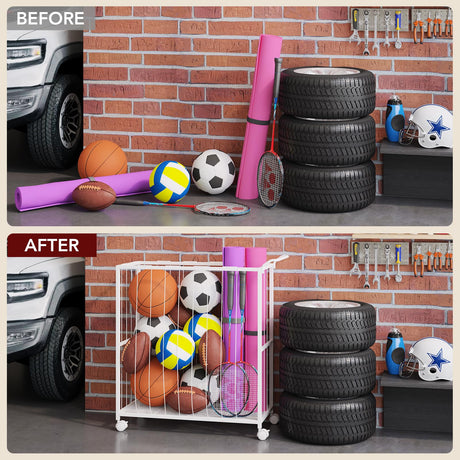 Homsorout Ball Storage Bin Rolling Sports Ball Cart, Metal Garage Organizer Sport Rack, Ball Basket Storage, Ball Cage for Garage or Gym, Indoor & Outdoor Sports Equipment Organizer white Homsorout